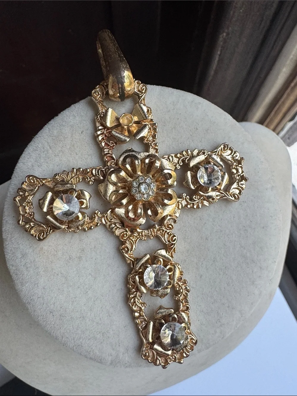 Large Gold-Tone Floral Cross Pendant with Clear Crystal Accents